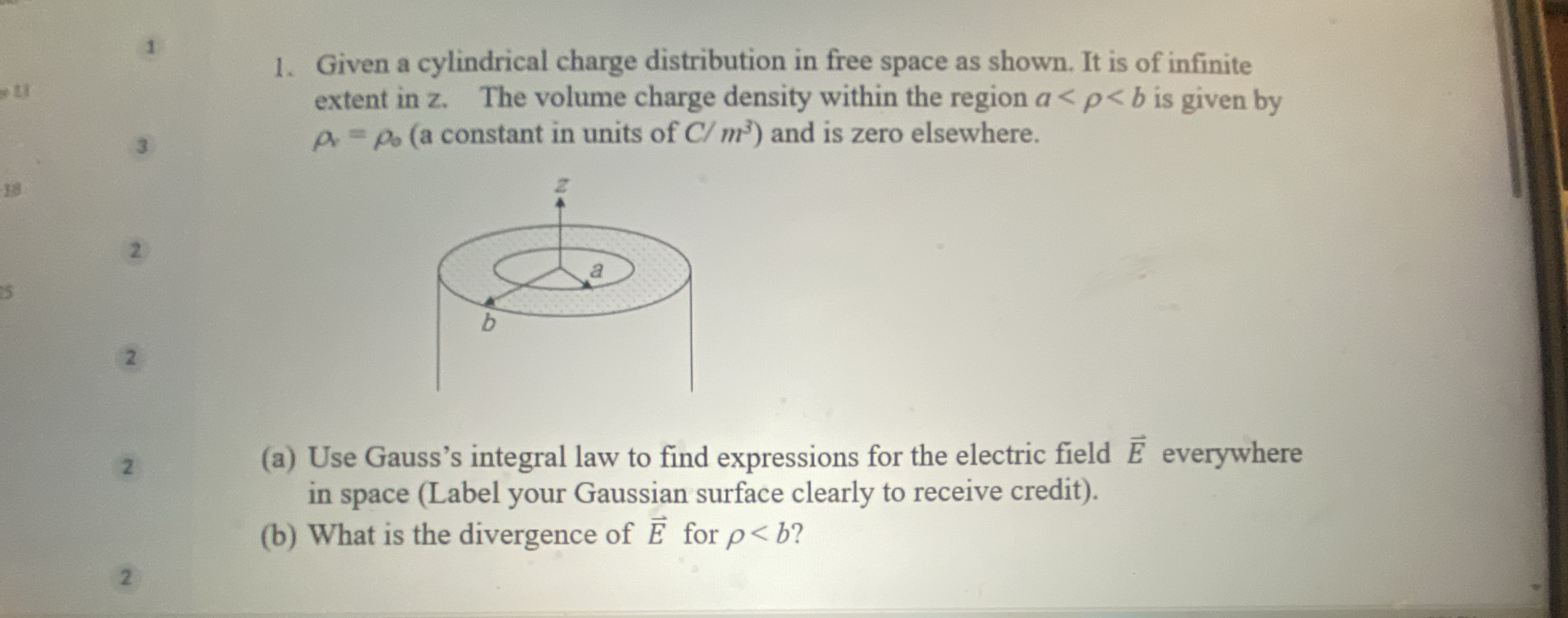 Given a cylindrical charge distribution in free