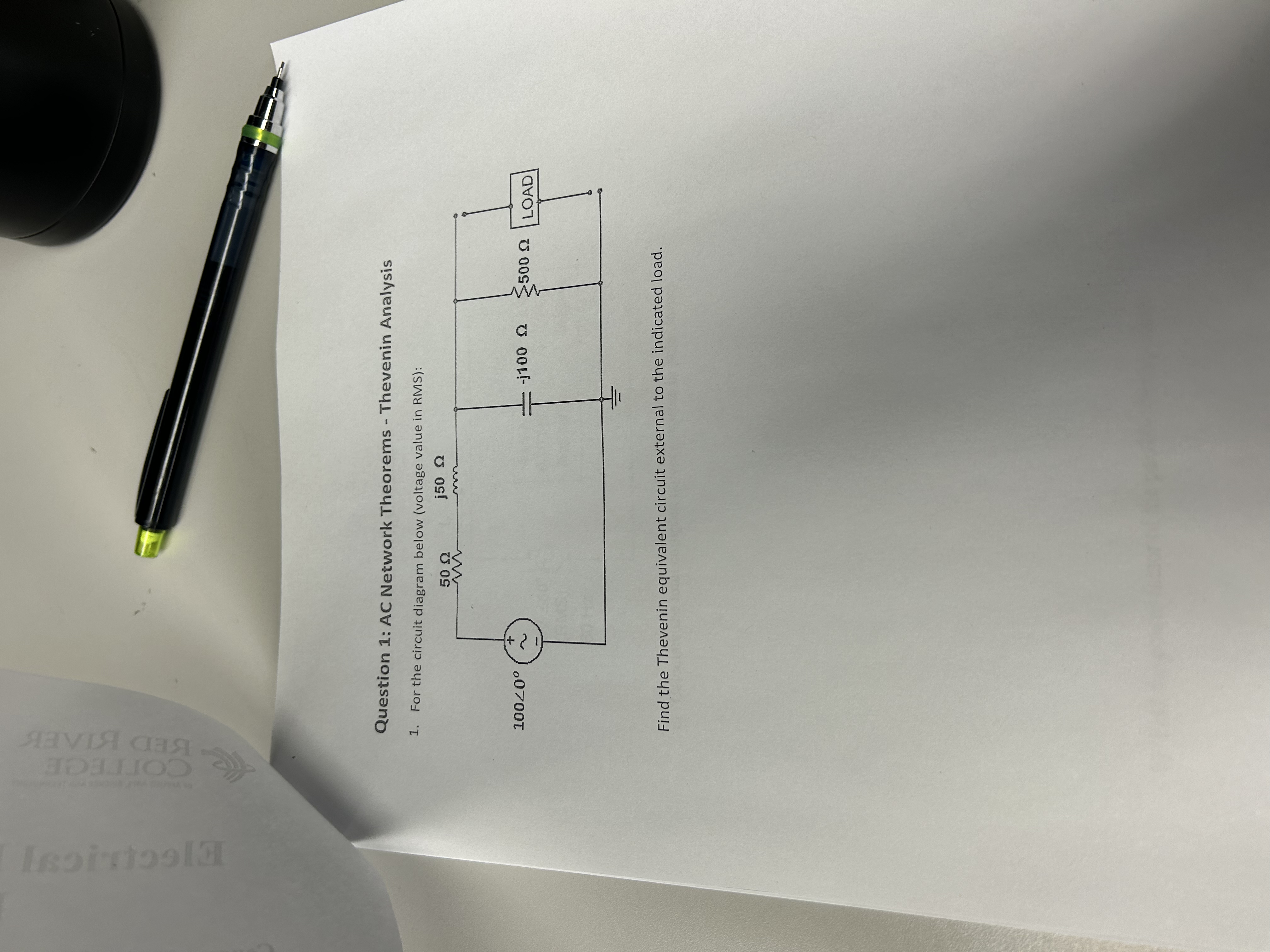 Question 1 : AC Network Theorems - Thevenin