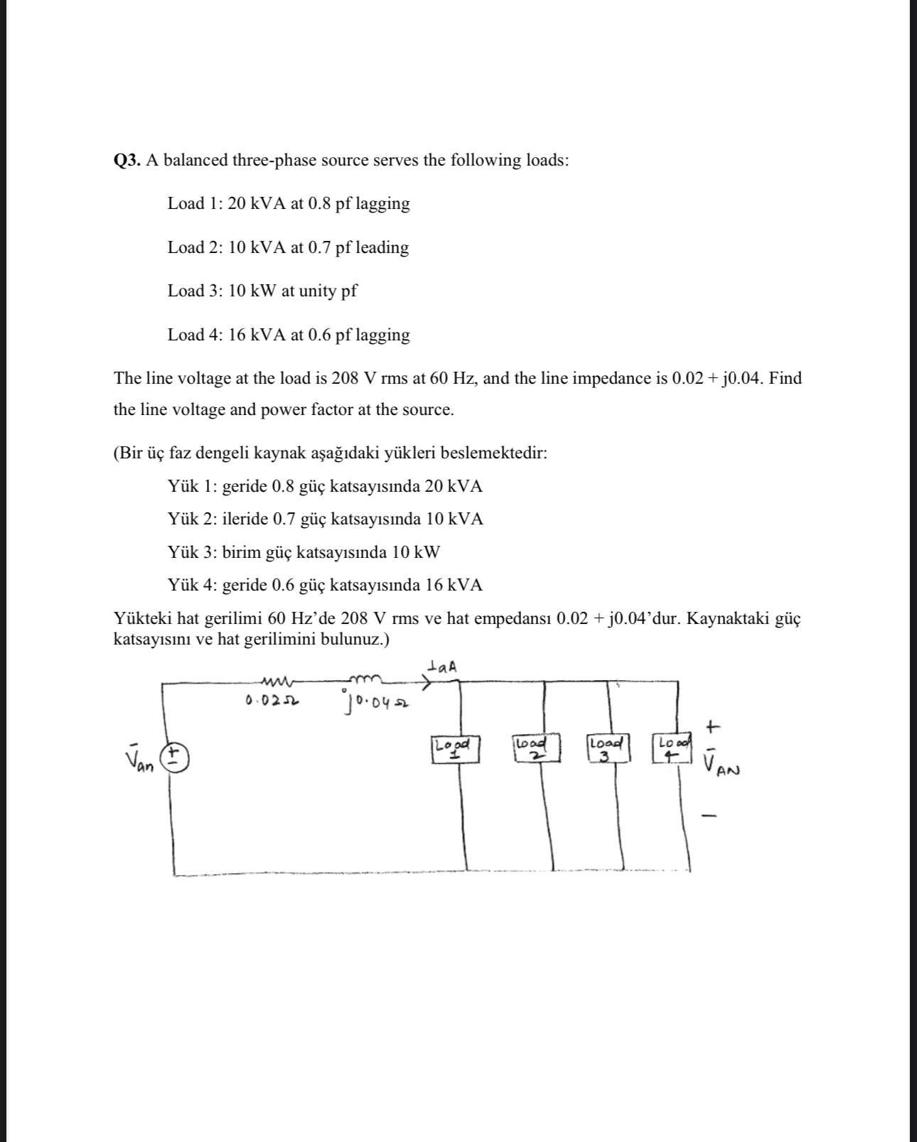 Q 3 . A balanced three - phase source serves the