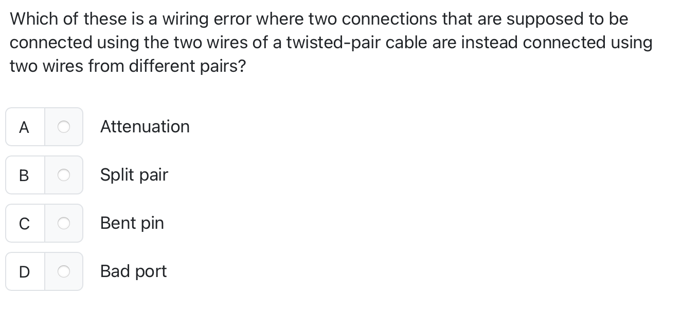 Which of these is a wiring error where two