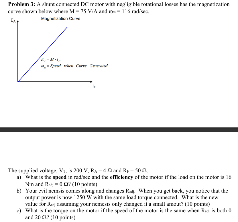 Problem 3 : A shunt connected DC motor with