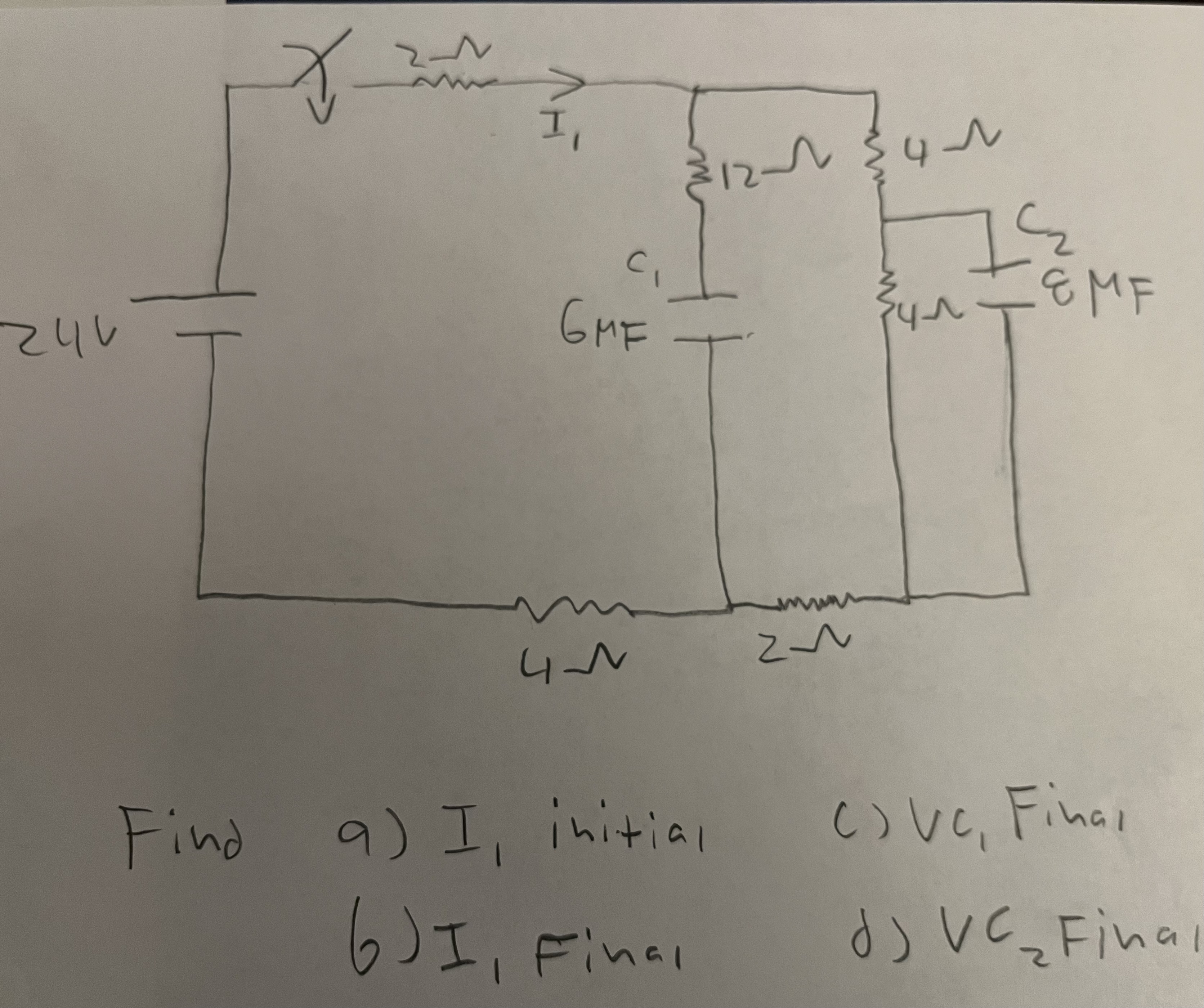 Find a ) i 1 initial b ) i 1 Final c ) Vc 1 Final