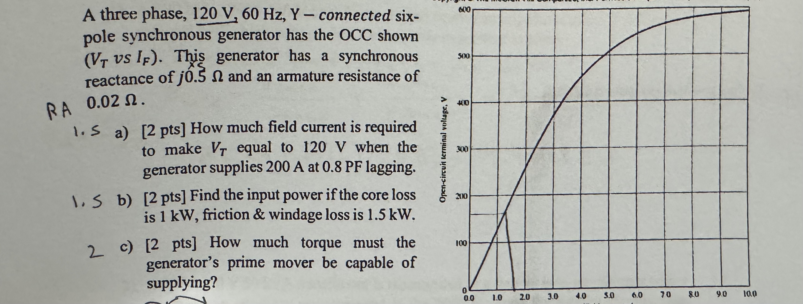 A three phase, 1 2 0 V , 6 0 H z , Y - connected