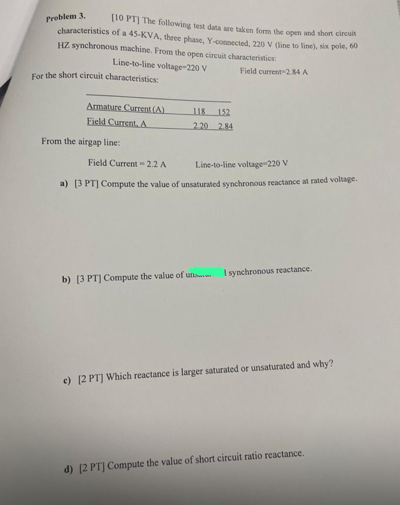 Problem 3 . [ 1 0 PT ] The following test data