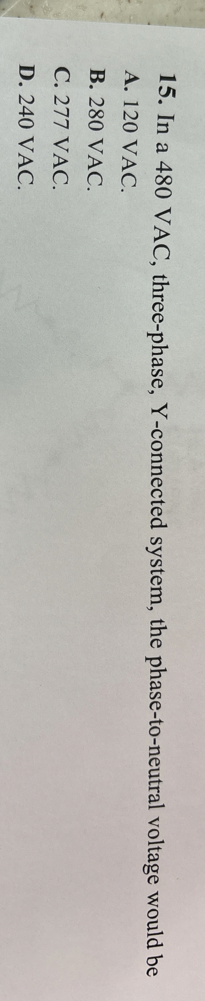 In a 4 8 0 VAC, three - phase, Y - connected