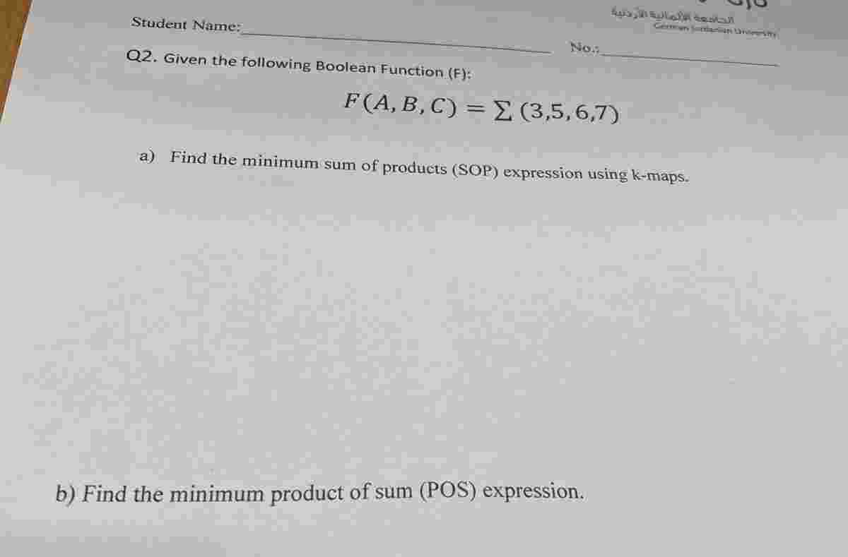 a ) Find the minimum sum of products ( SOP )