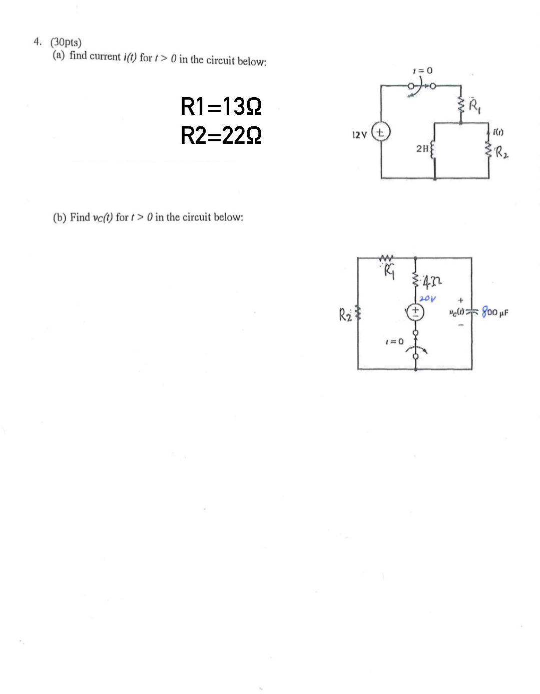 ( 3 0 pts ) ( a ) find current i ( t ) for t  style=