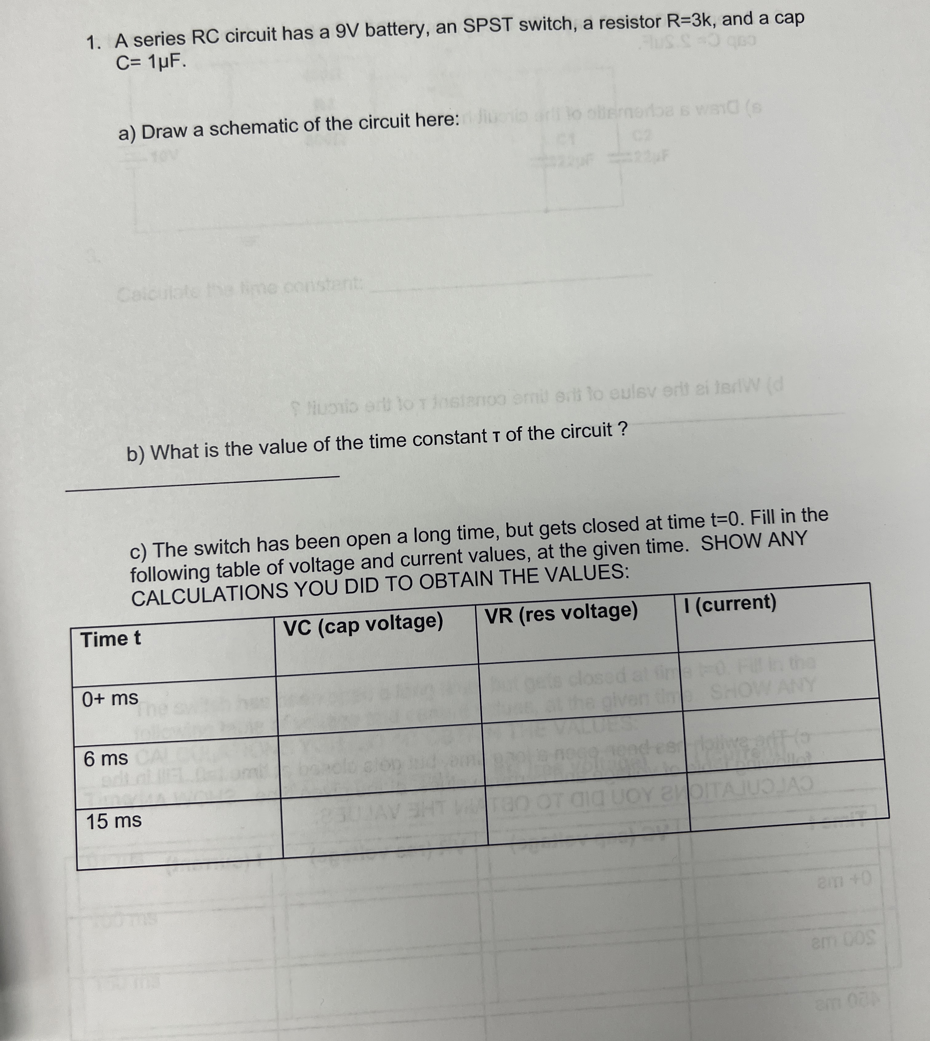 A series RC circuit has a 9 V battery, an SPST