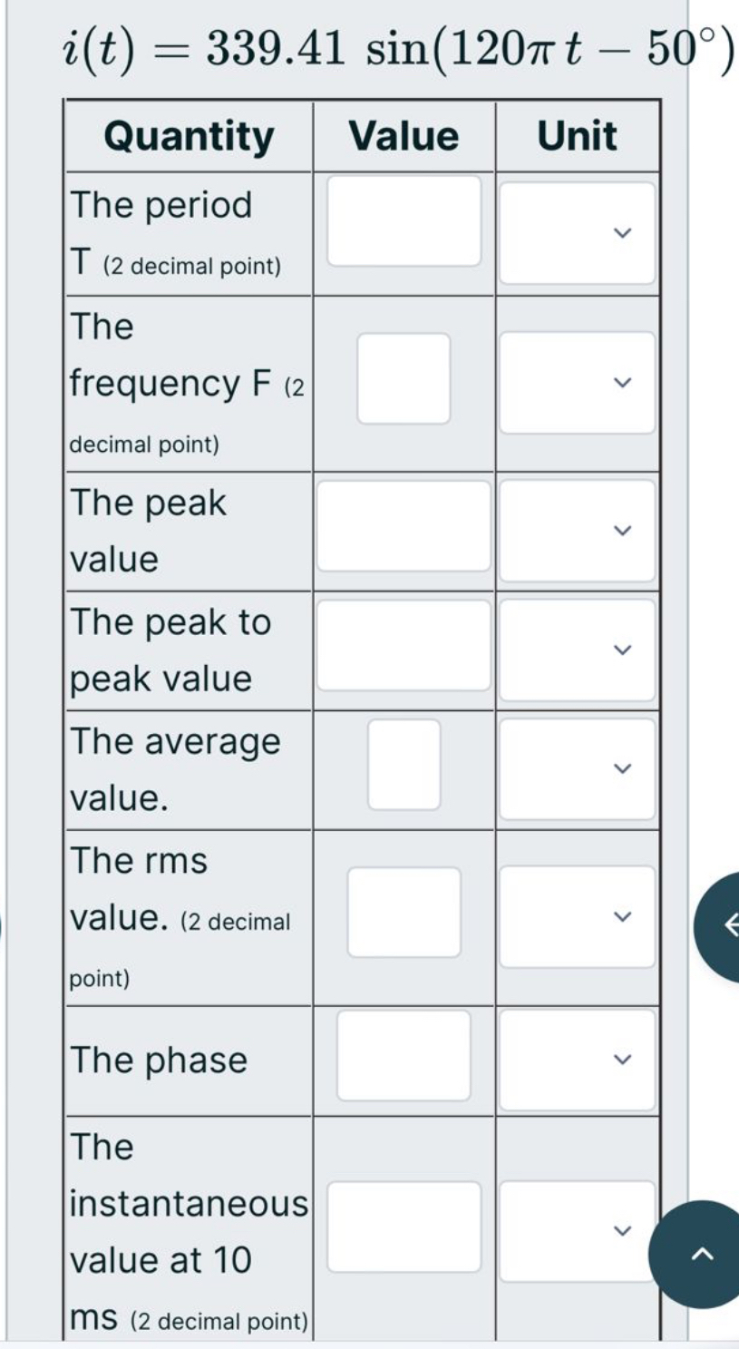 i ( t ) = 3 3 9 . 4 1 s i n ( 1 2 0 t - 5 0 ) \