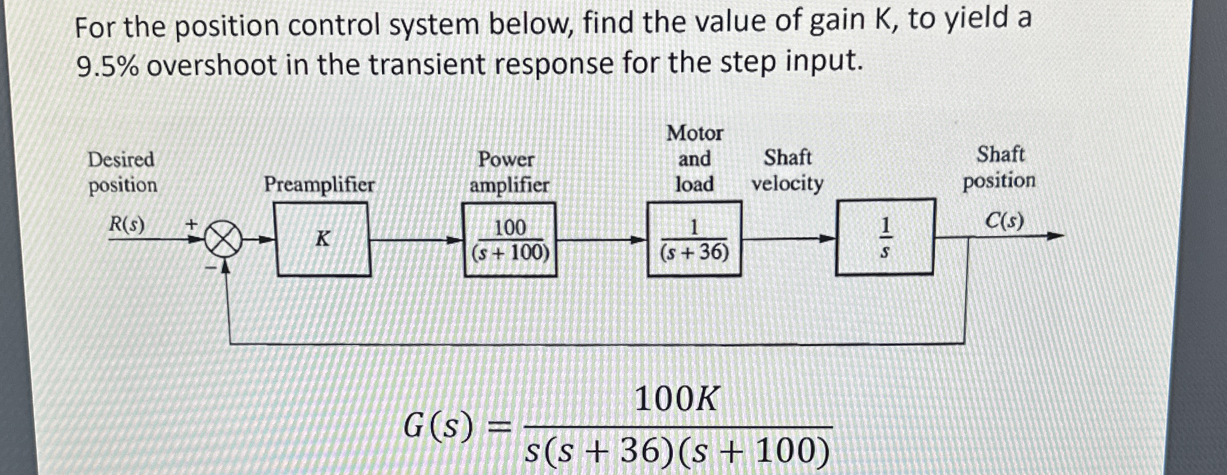 For the position control system below, find the