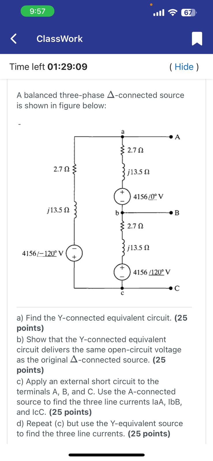 A balanced three - phase \ ( \ Delta \ ) -