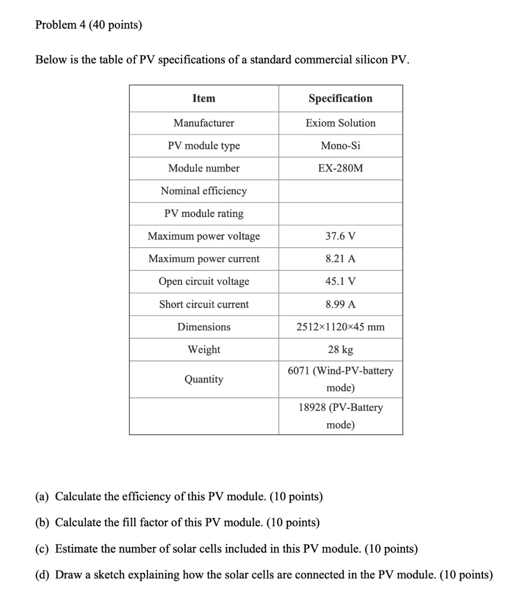 Problem 4 ( 4 0 points ) Below is the table of PV