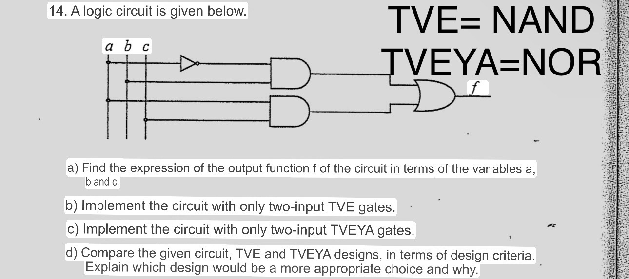 A logic circuit is given below. TVE = NAND a )