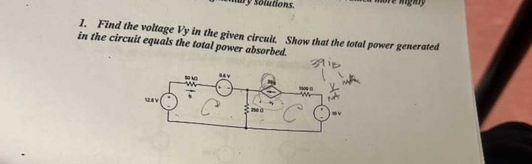 1 . Find the voltage Vy in the given circuit.