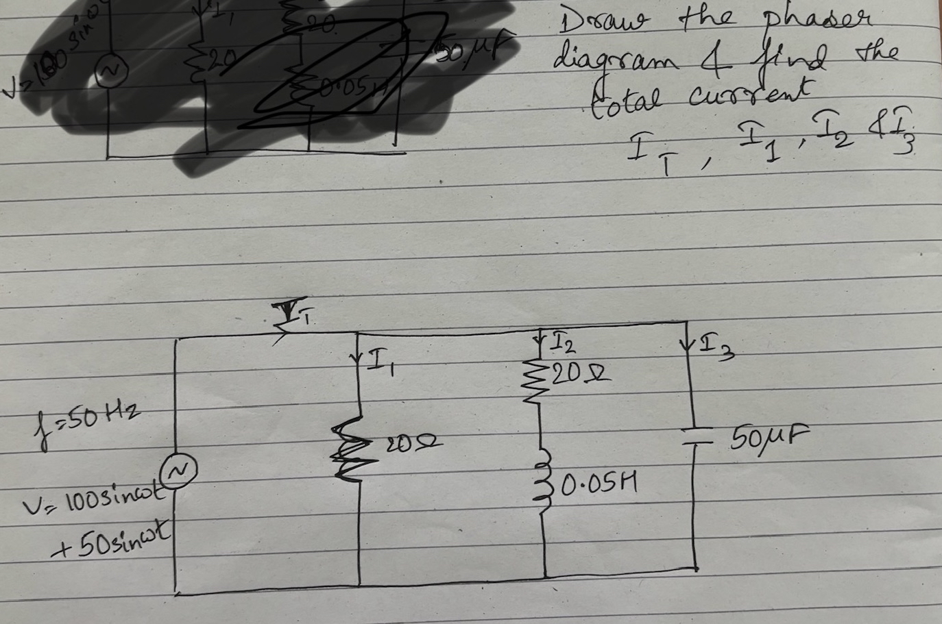 Draw the phasor diagram and find the total