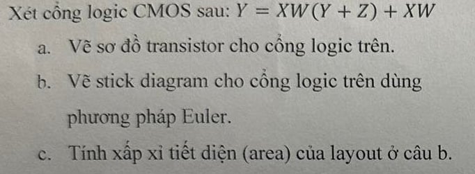 X t c ng logic CMOS sau: \ ( Y = X W ( Y + Z ) +