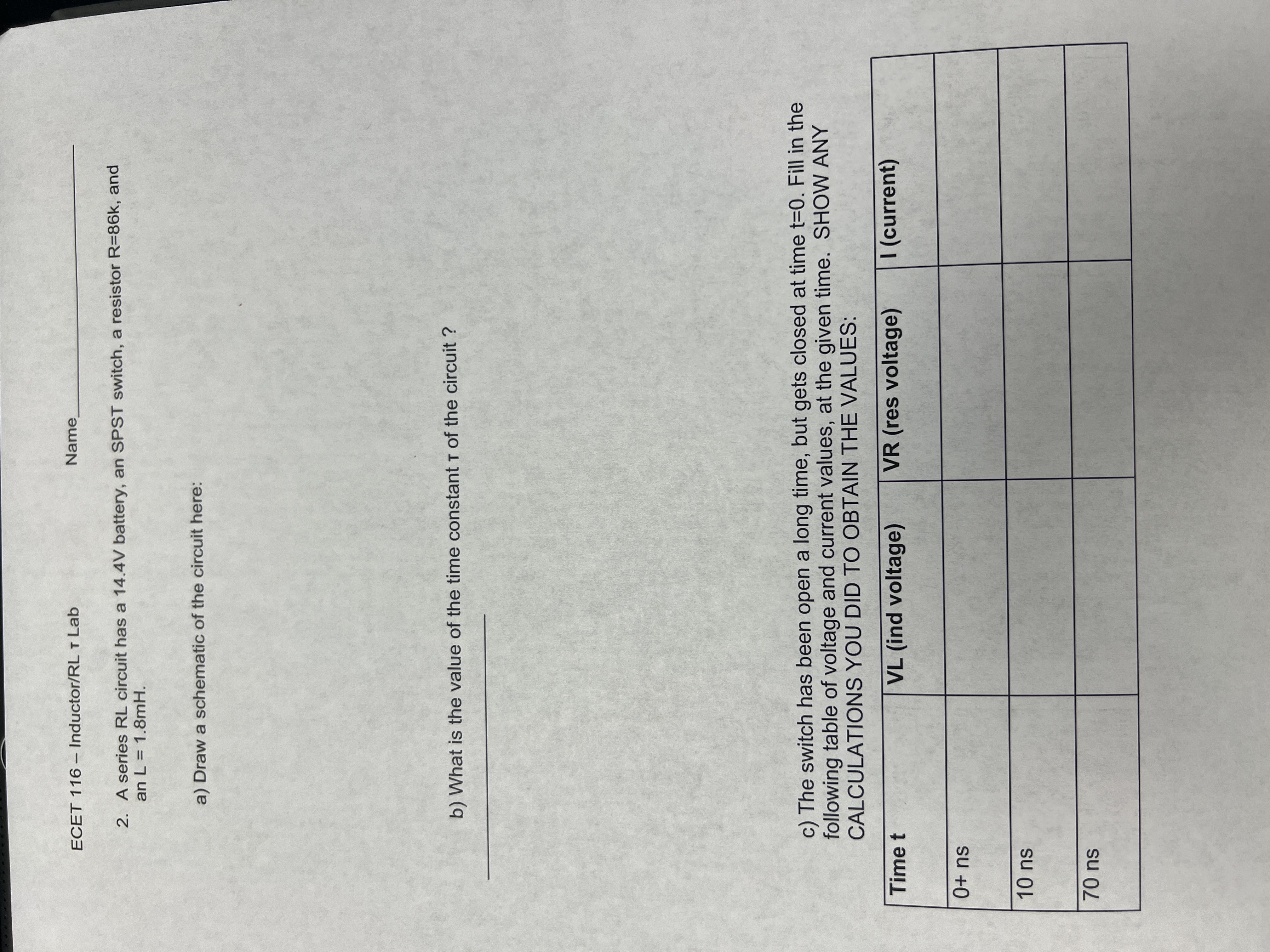 ECET 1 1 6 - Inductor / RL Lab Nam 2 . A series