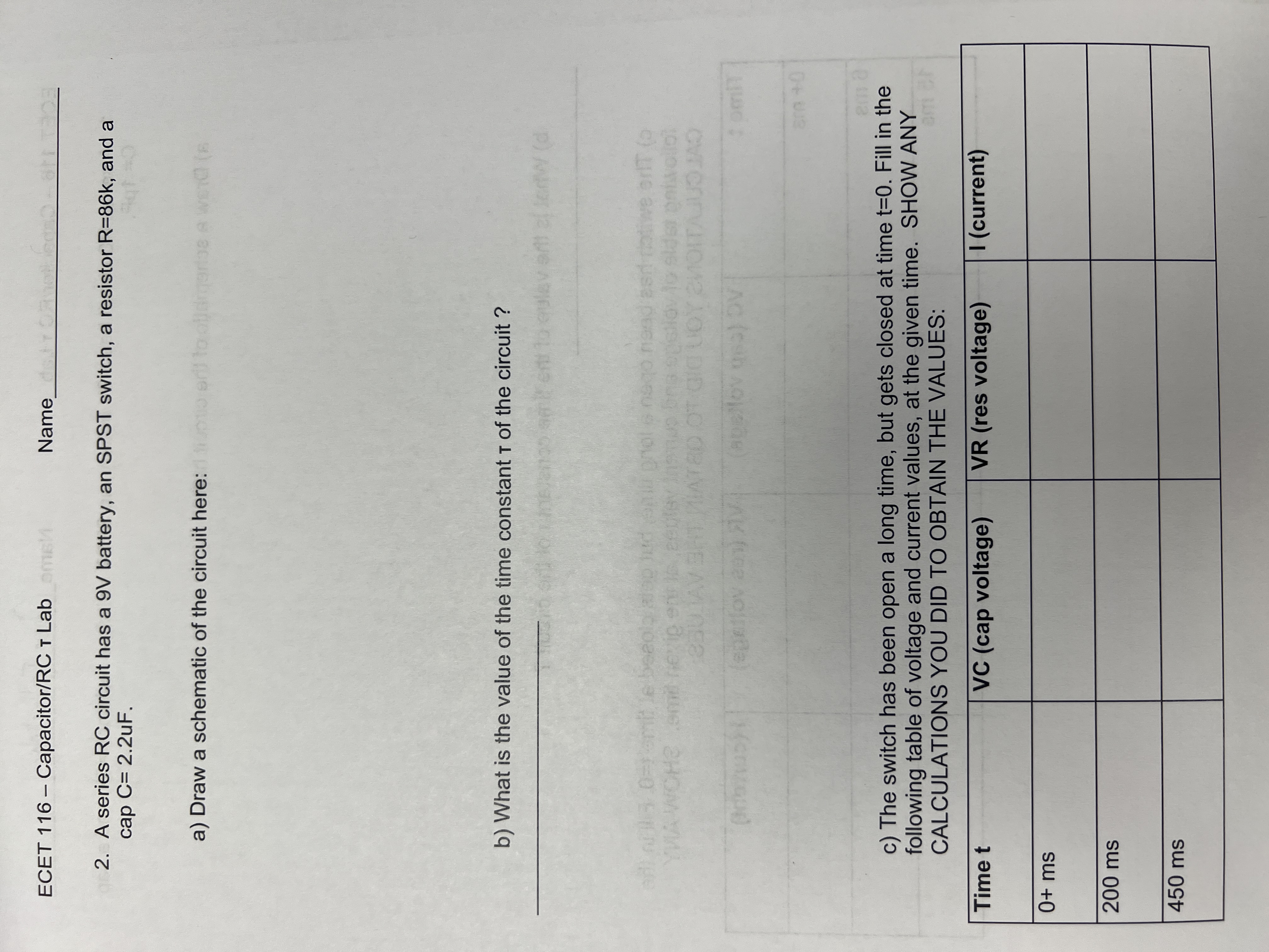 ECET 1 1 6 - Capacitor / RC t Lab Name q , 2 . A