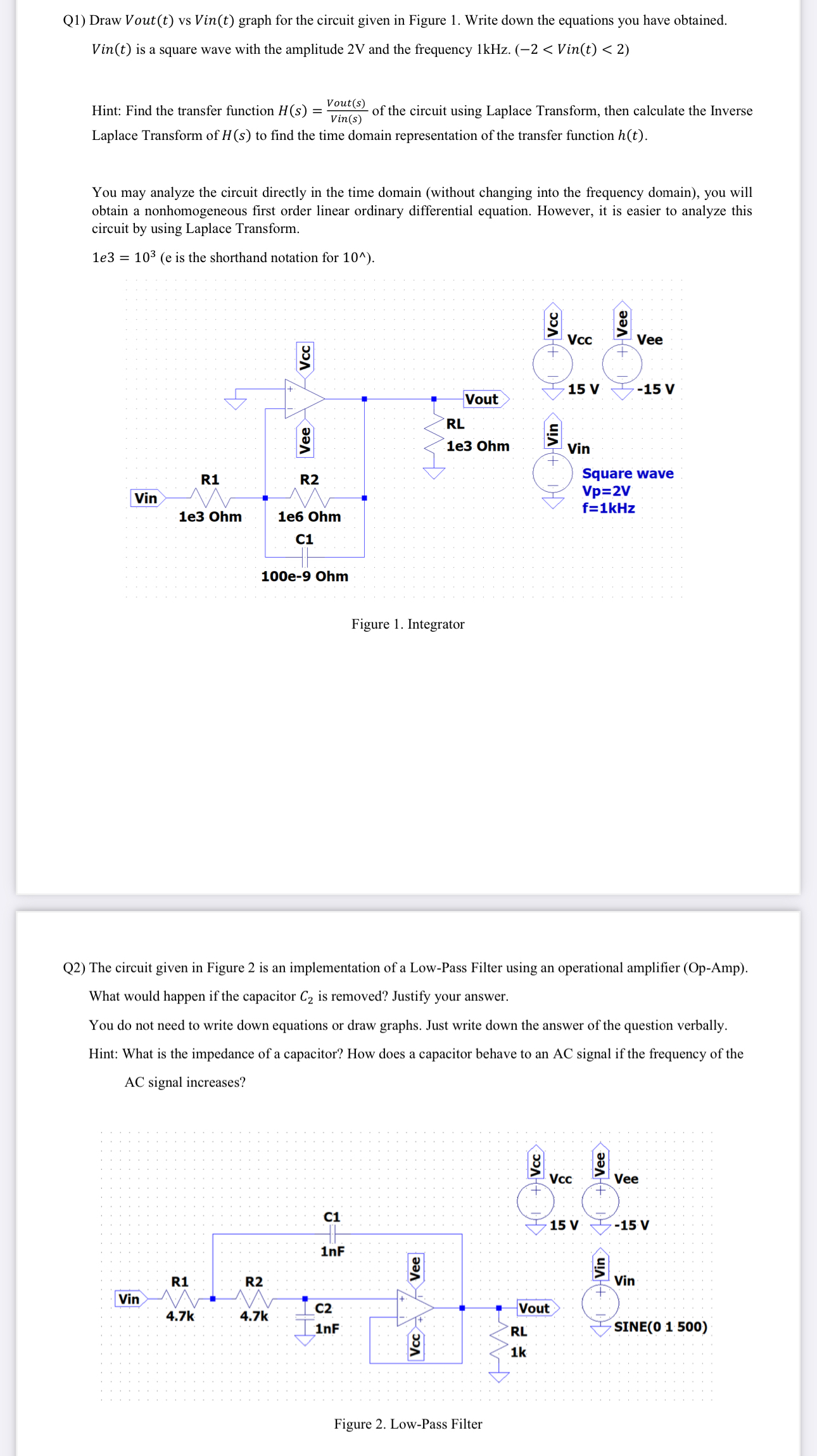 Q 1 ) Draw Vout ( t ) vs Vin ( t ) graph for the