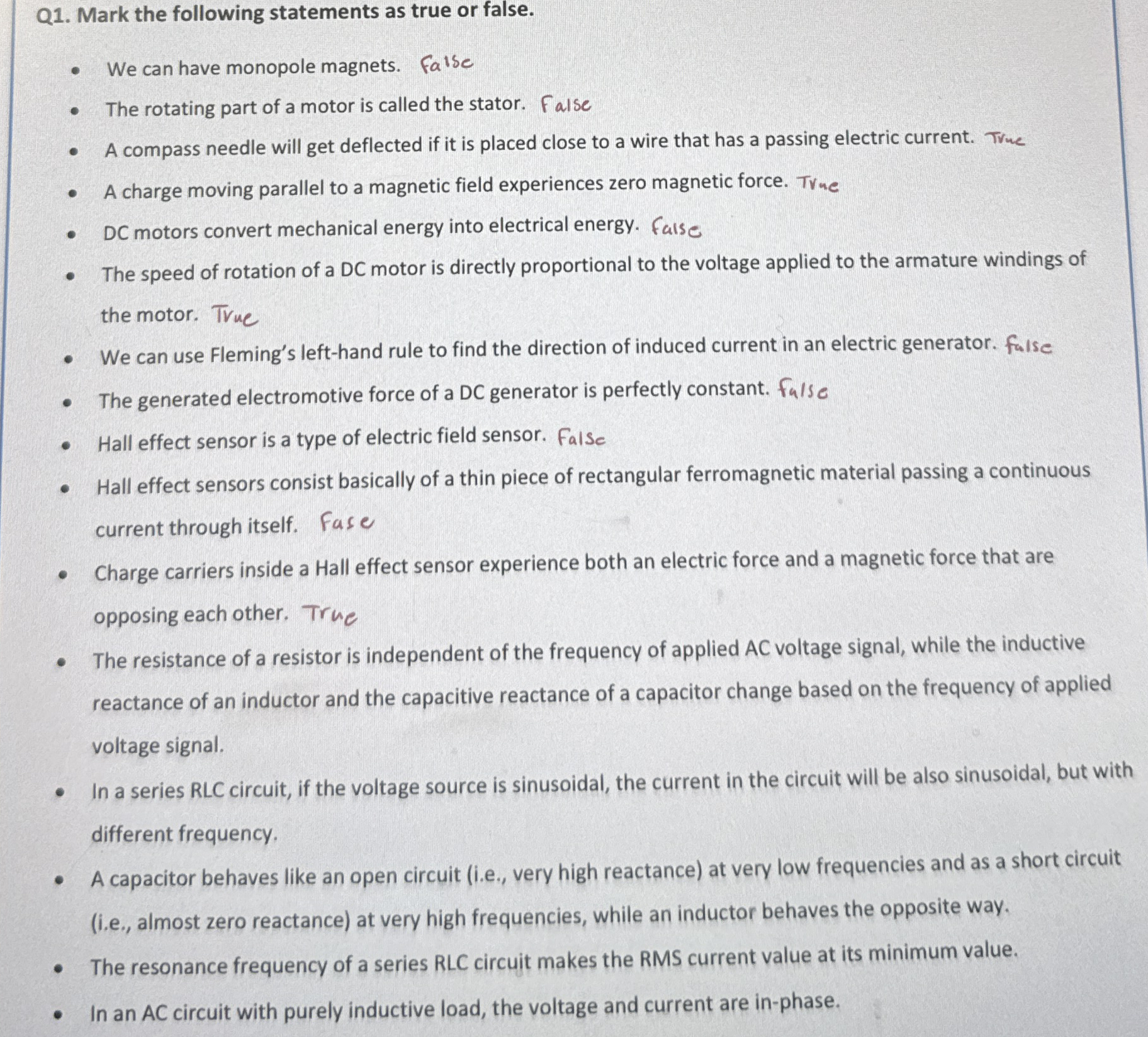 Q 1 . Mark the following statements as true or