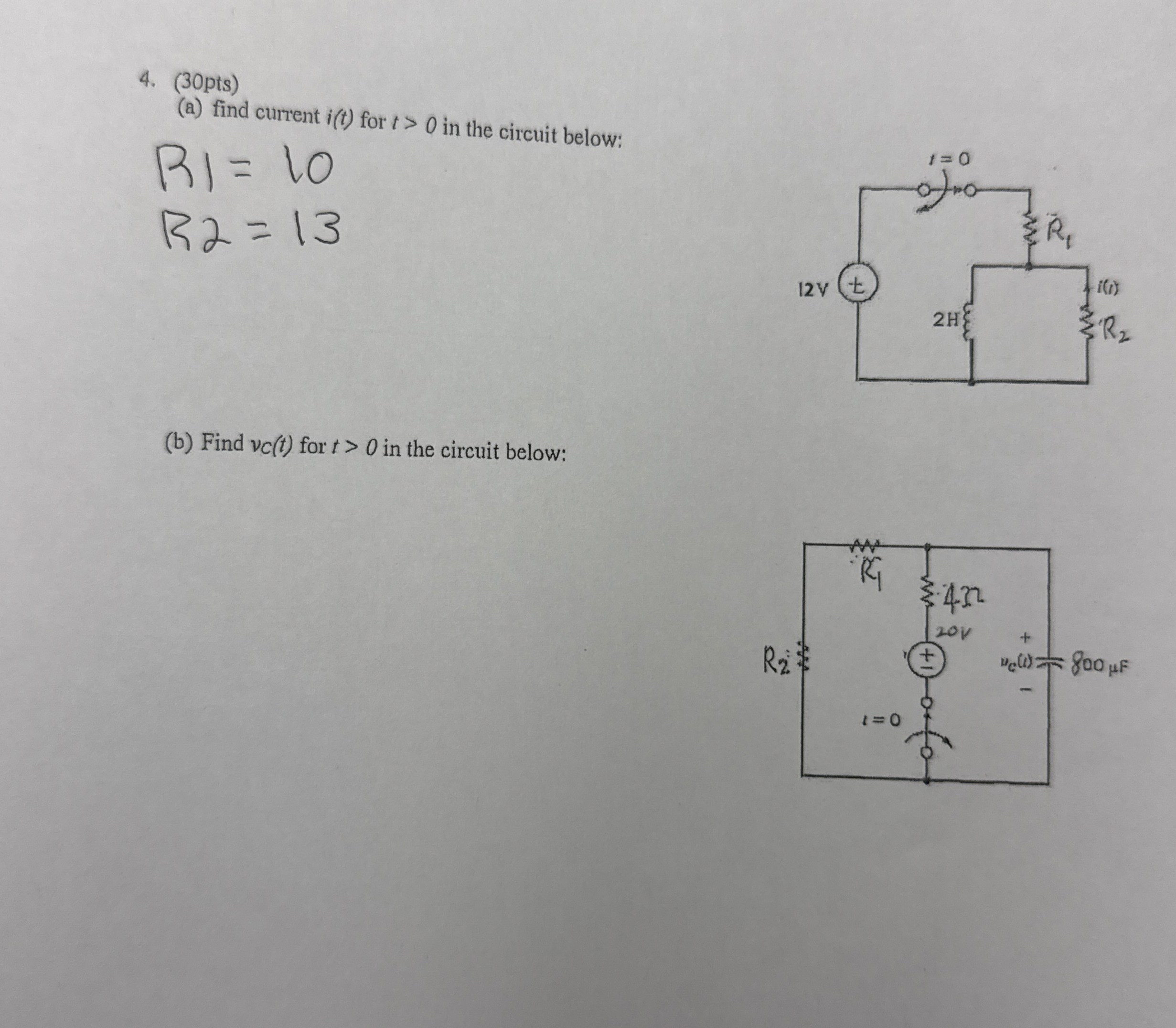 ( 3 0 pts ) ( a ) find current i ( t ) for t > 0