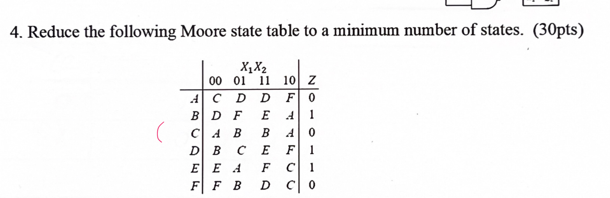 4 . Reduce the following Moore state table to a