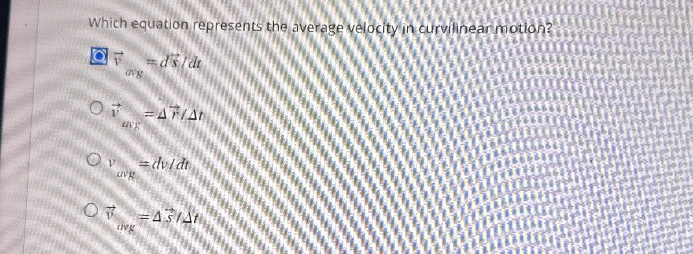 Which equation represents the average velocity in