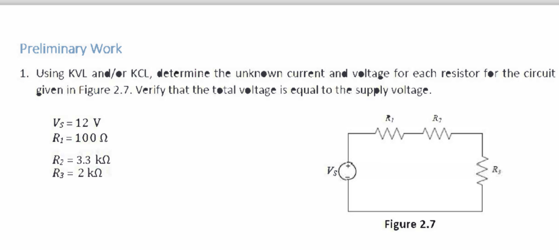 Preliminary Work Using KVL and / or KCL ,