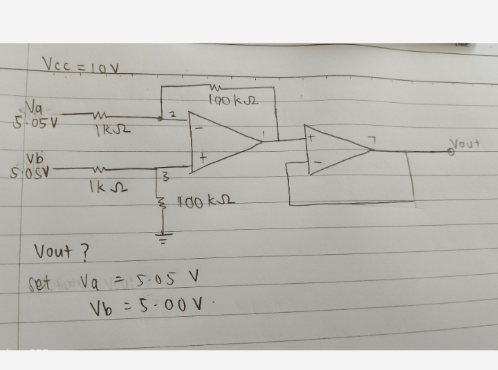 V c c = 1 0 V Vout? set V a a = 5 . 0 5 V V b = 5