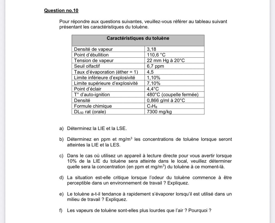 Question no . 1 0 Pour r pondre aux questions