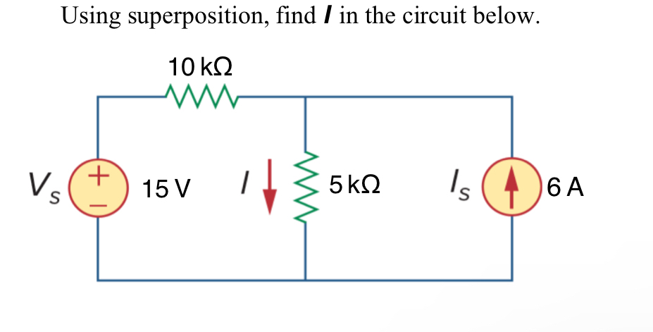 Using superposition, find I in the circuit below.