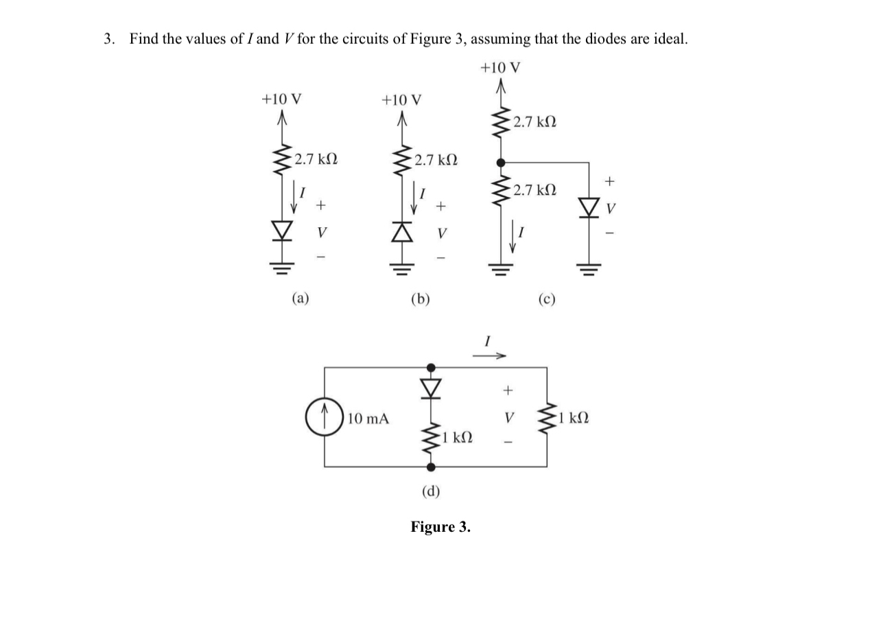Find the values of I and V for the circuits of