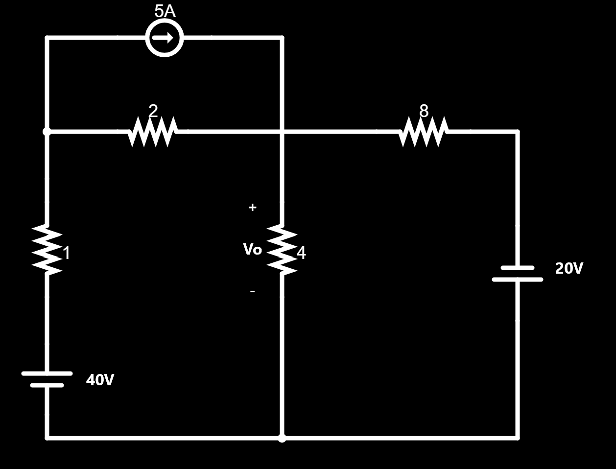 Using nodal analysis, solve for Vo across the 4
