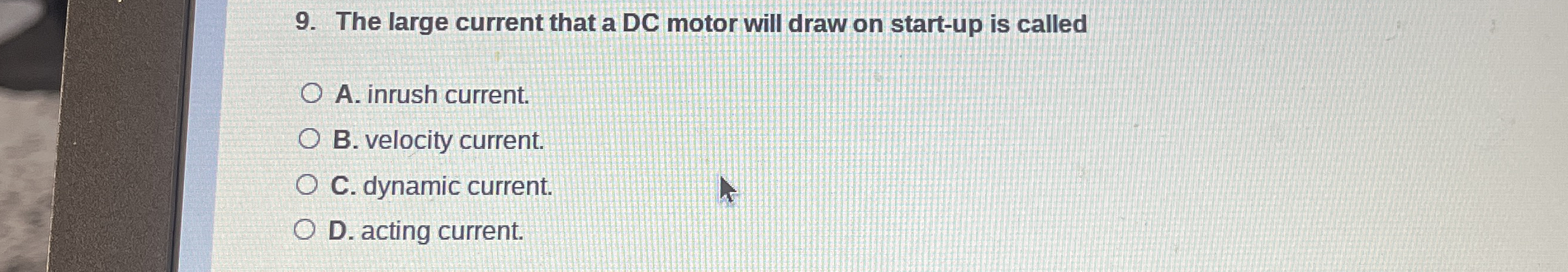 The large current that a DC motor will draw on