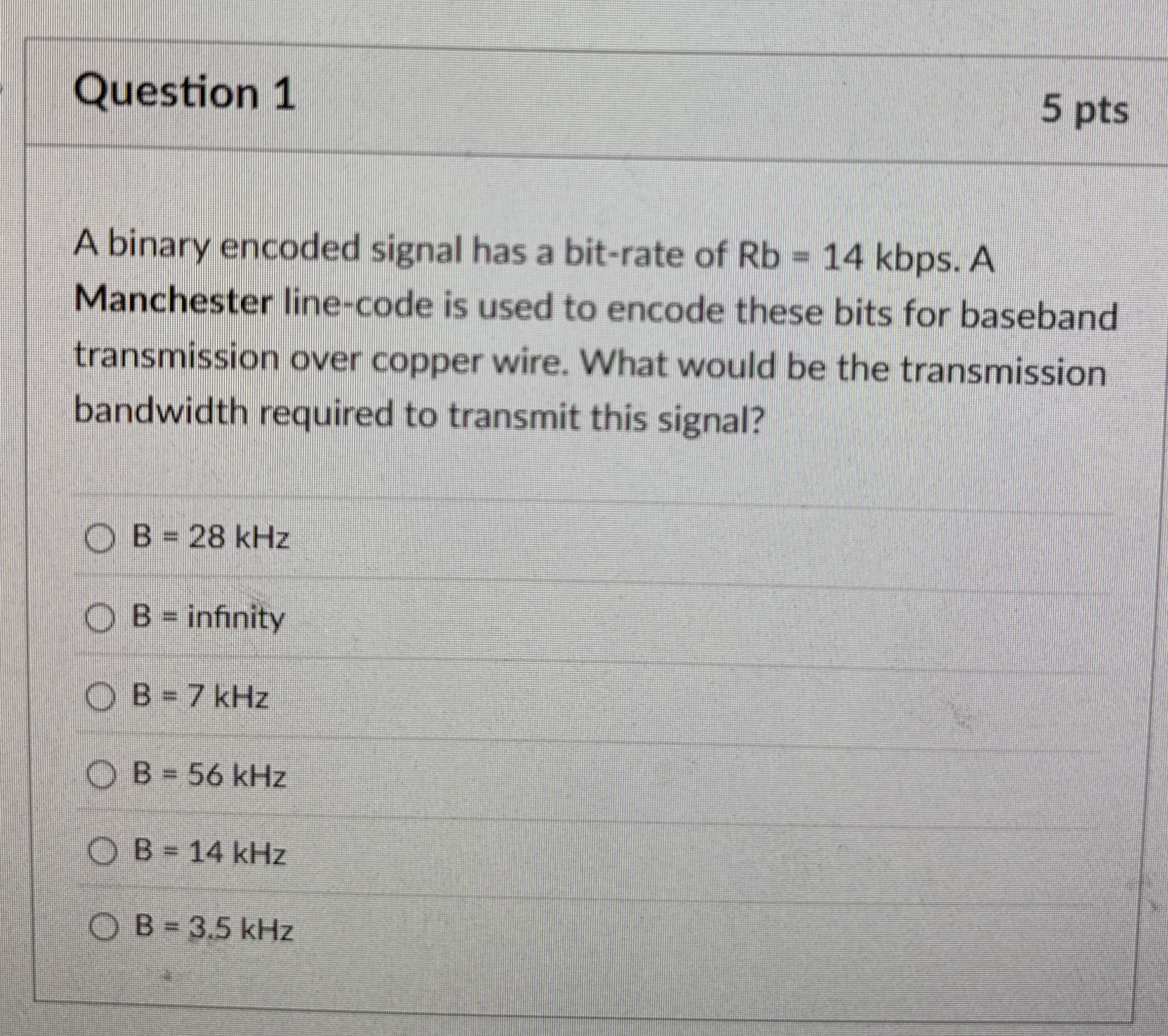 Question 1 5 pts A binary encoded signal has a