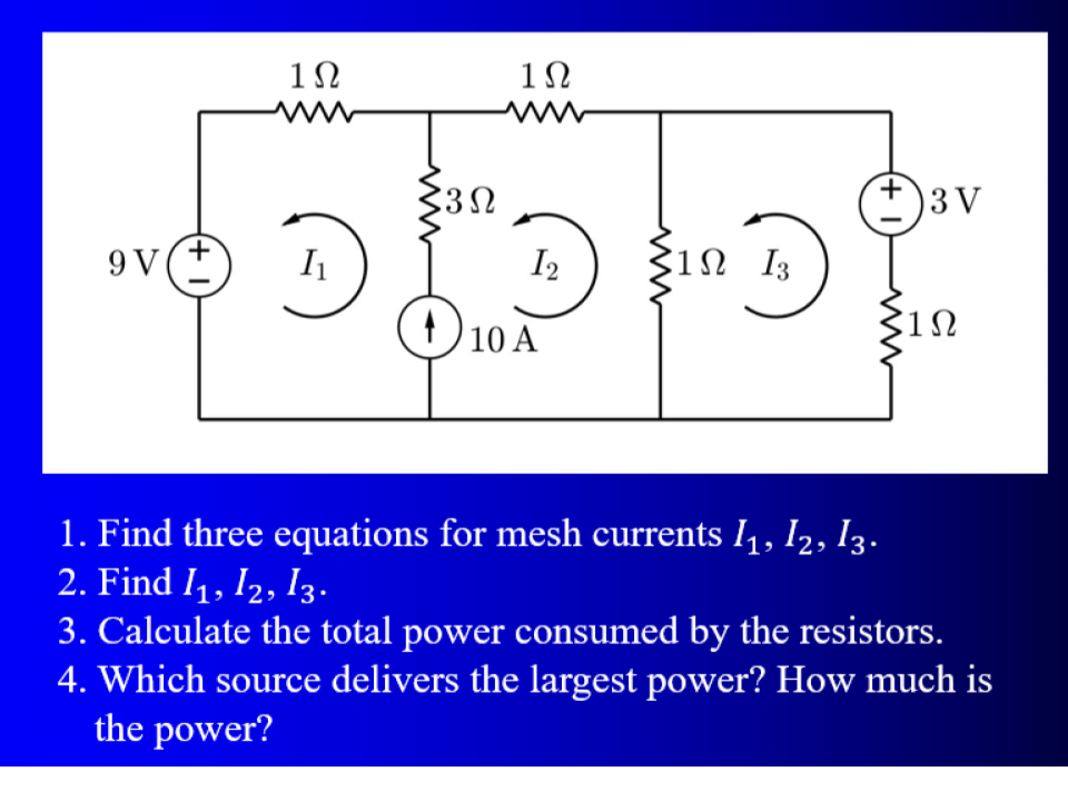 Find three equations for mesh currents I _ ( 1 )