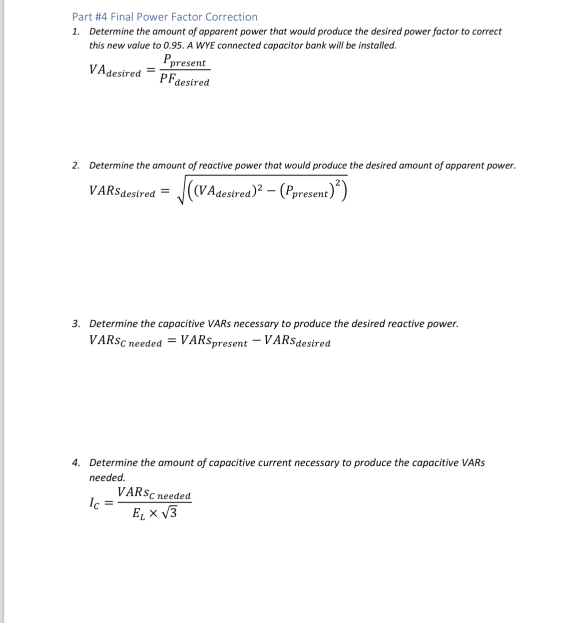 Part # 4 Final Power Factor Correction Determine