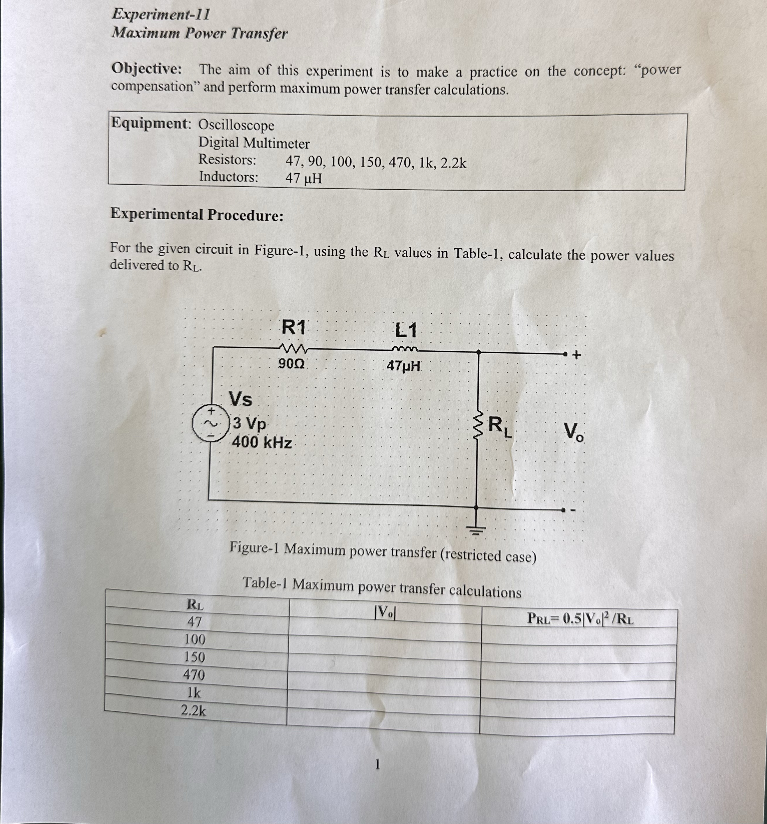 Experiment - 1 1 Maximum Power Transfer