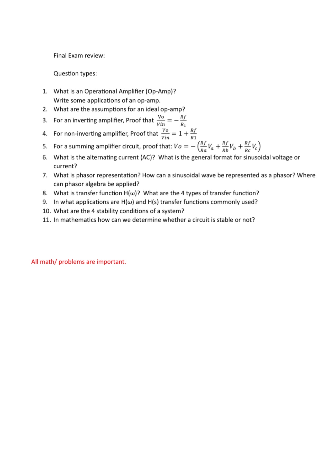 Final Exam review: Question types: What is an