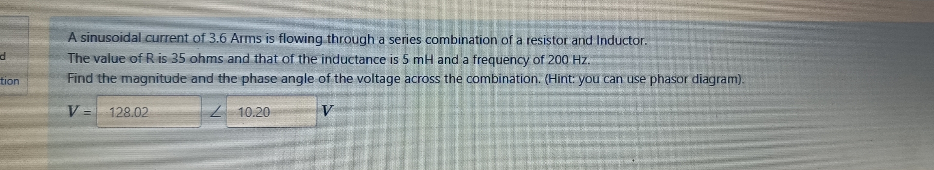 A sinusoidal current of 3 . 6 Arms is flowing