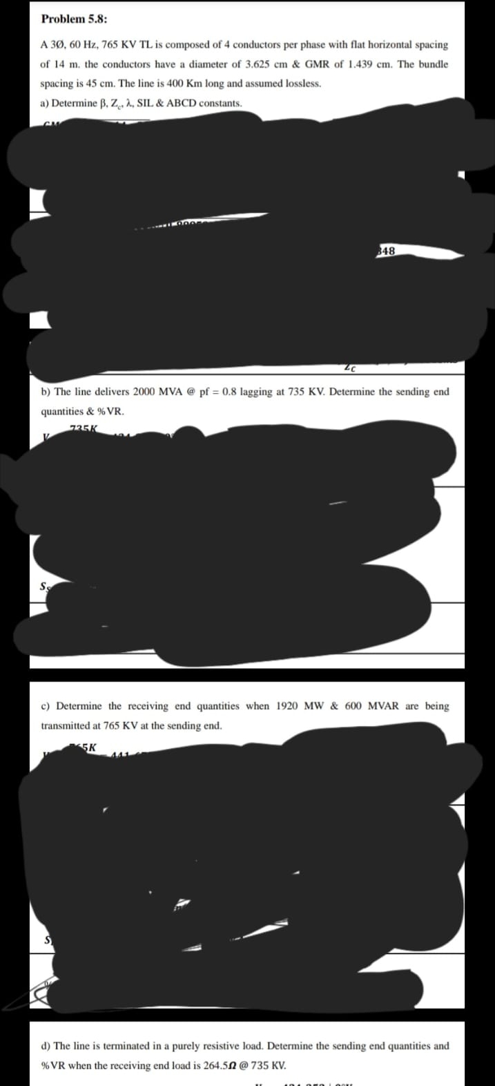 Problem 5 . 8 : A 3 O , 6 0 H z , 7 6 5 K V TL is