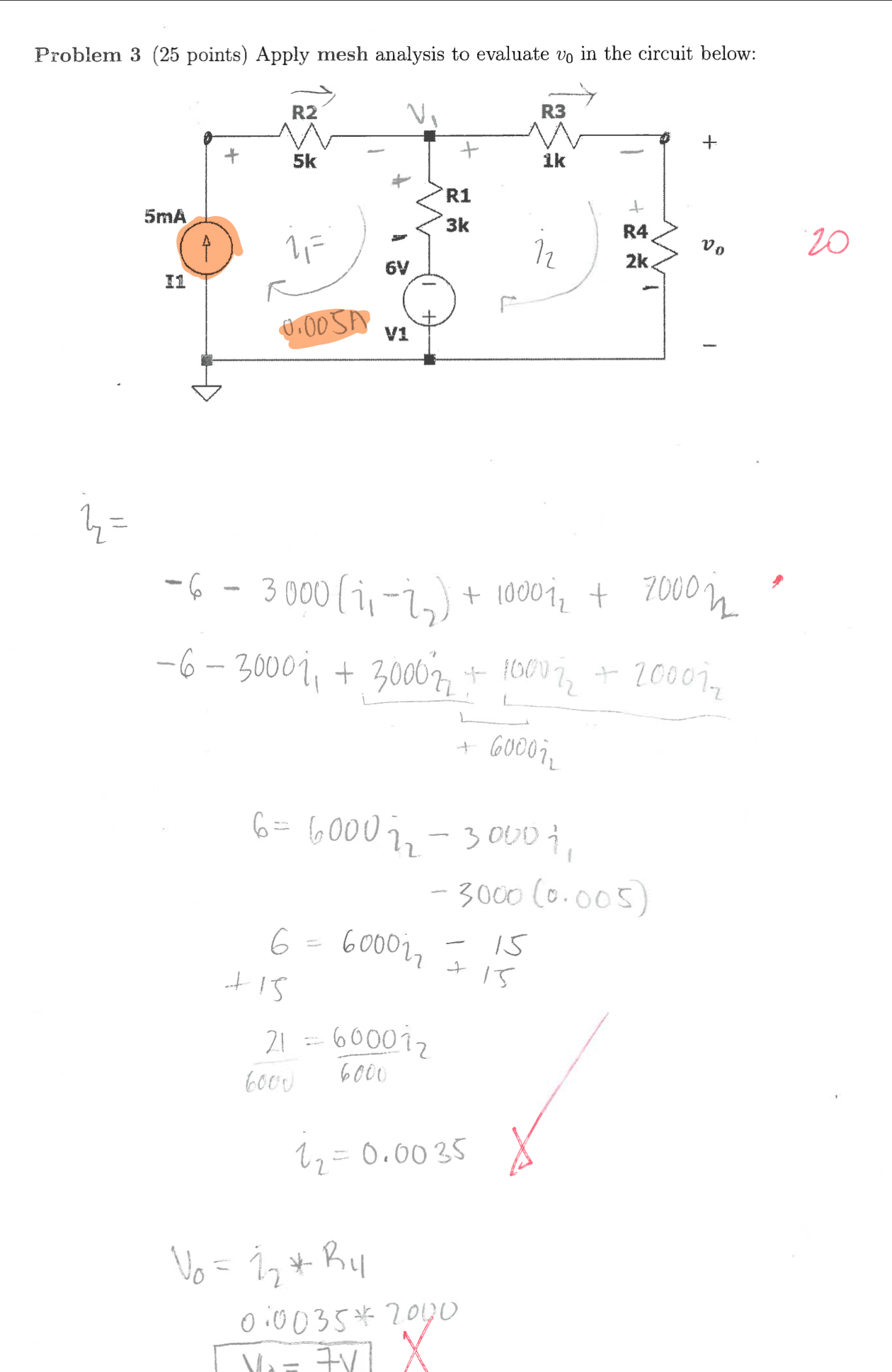 Problem 3 ( 2 5 points ) Apply mesh analysis to