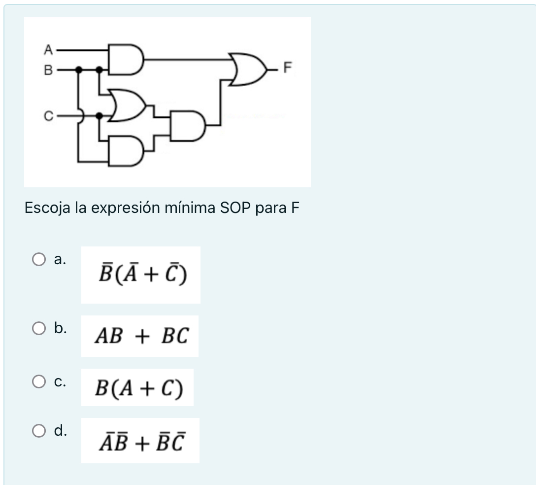 Escoja la expresi n m nima SOP para F a . ? b a r