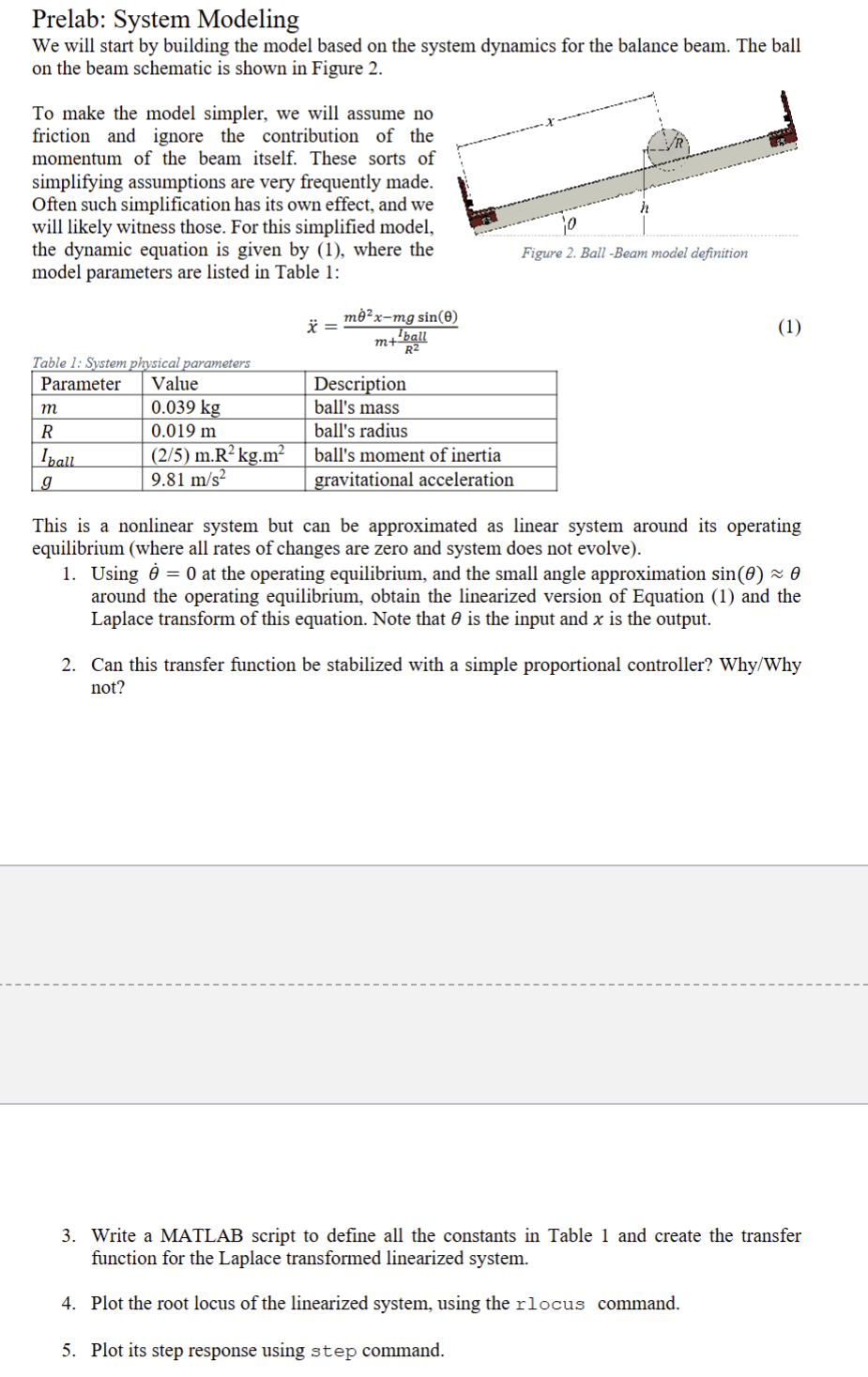 1 . Using = 0 at the operating equilibrium, and