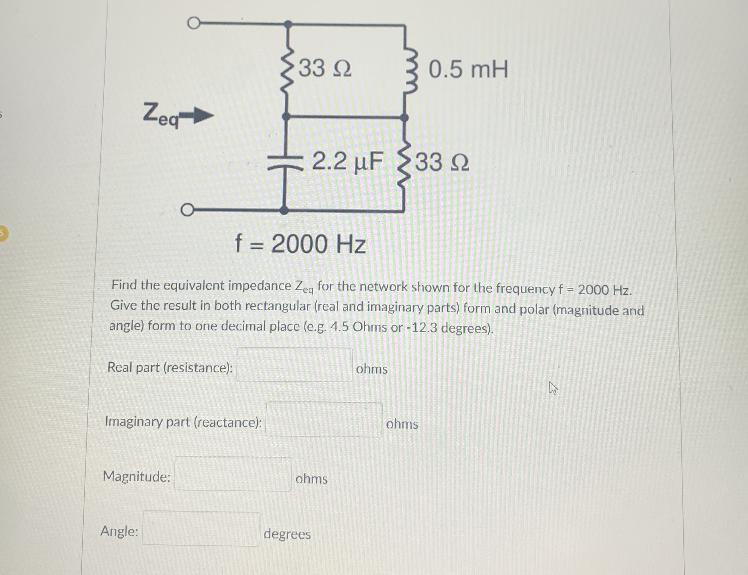 Find the equivalent impedance Z e q for the