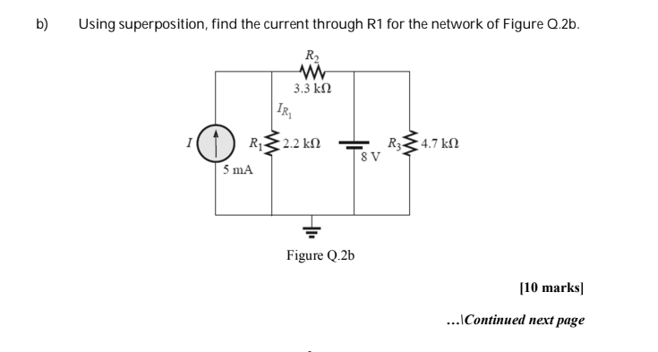 b ) Using superposition, find the current through