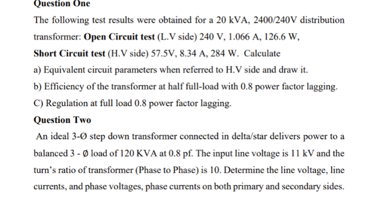 Question One The following test results were