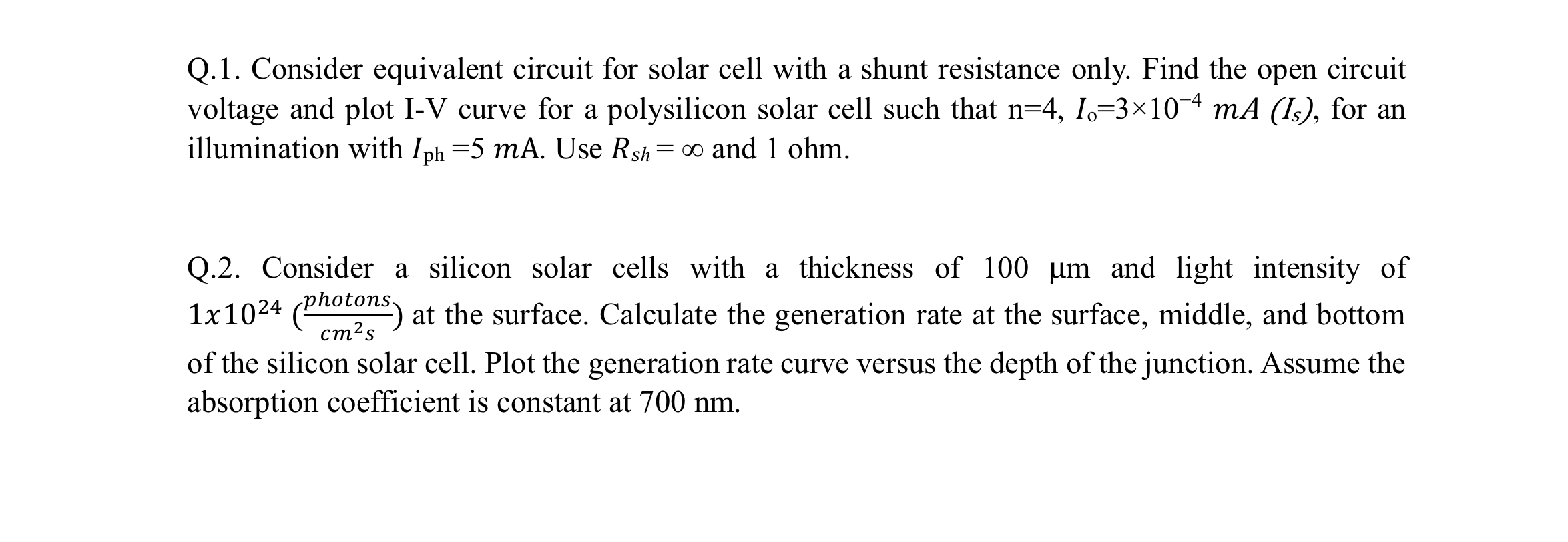 Q . 1 . Consider equivalent circuit for solar