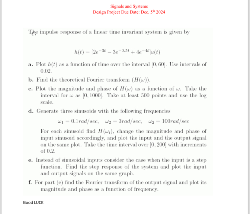 Signals and Systems Design Project Due Date: Dec.