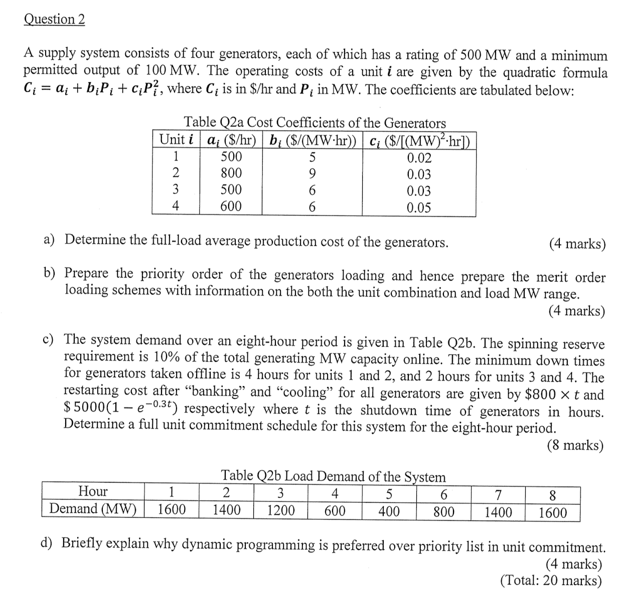 Question 2 A supply system consists of four